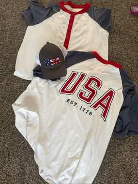 Little Bipsy USA Graphic Button-Down Shirt in White, Red & Gray and USA hat